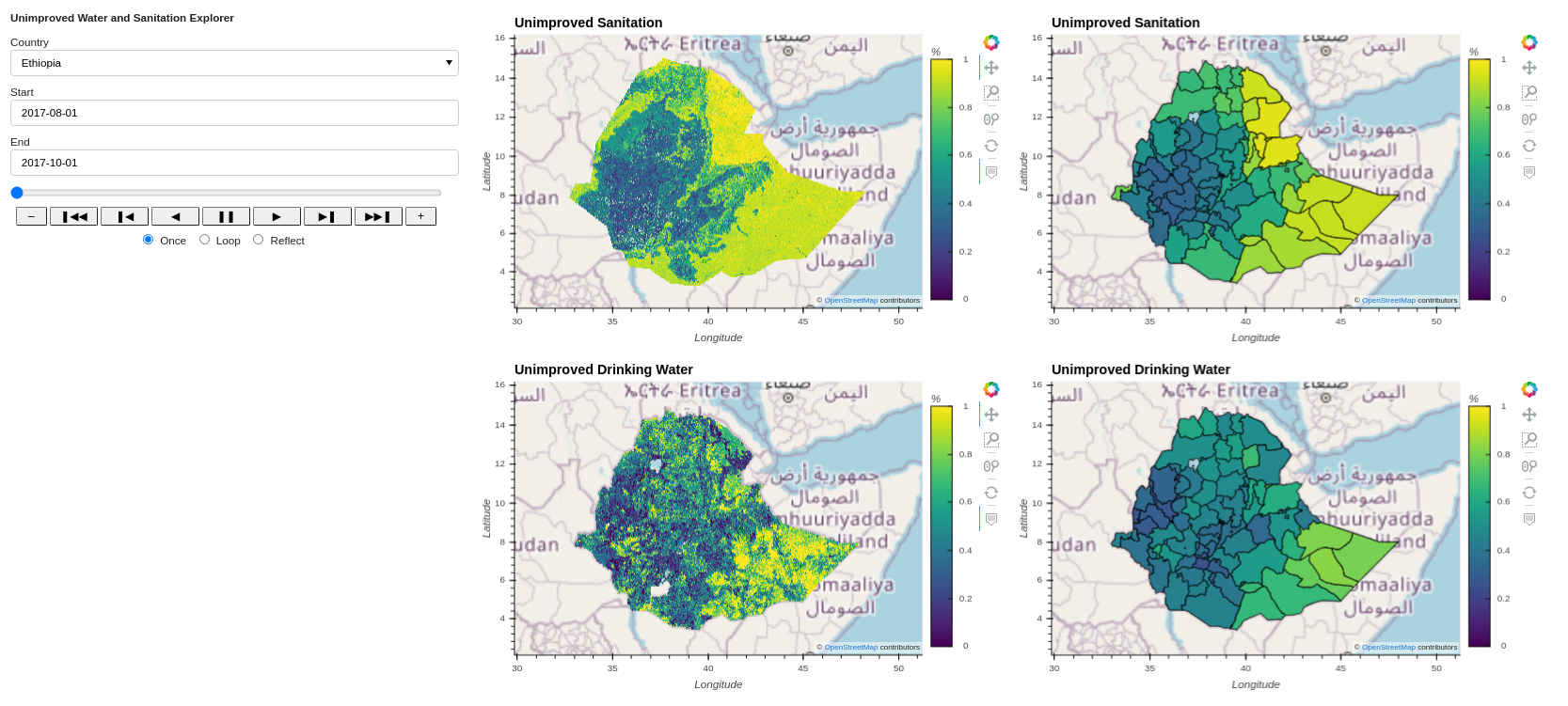 Fig.4. Proportion of households with unimproved sanitation and source of drinking water at pixel level and admin 2 level